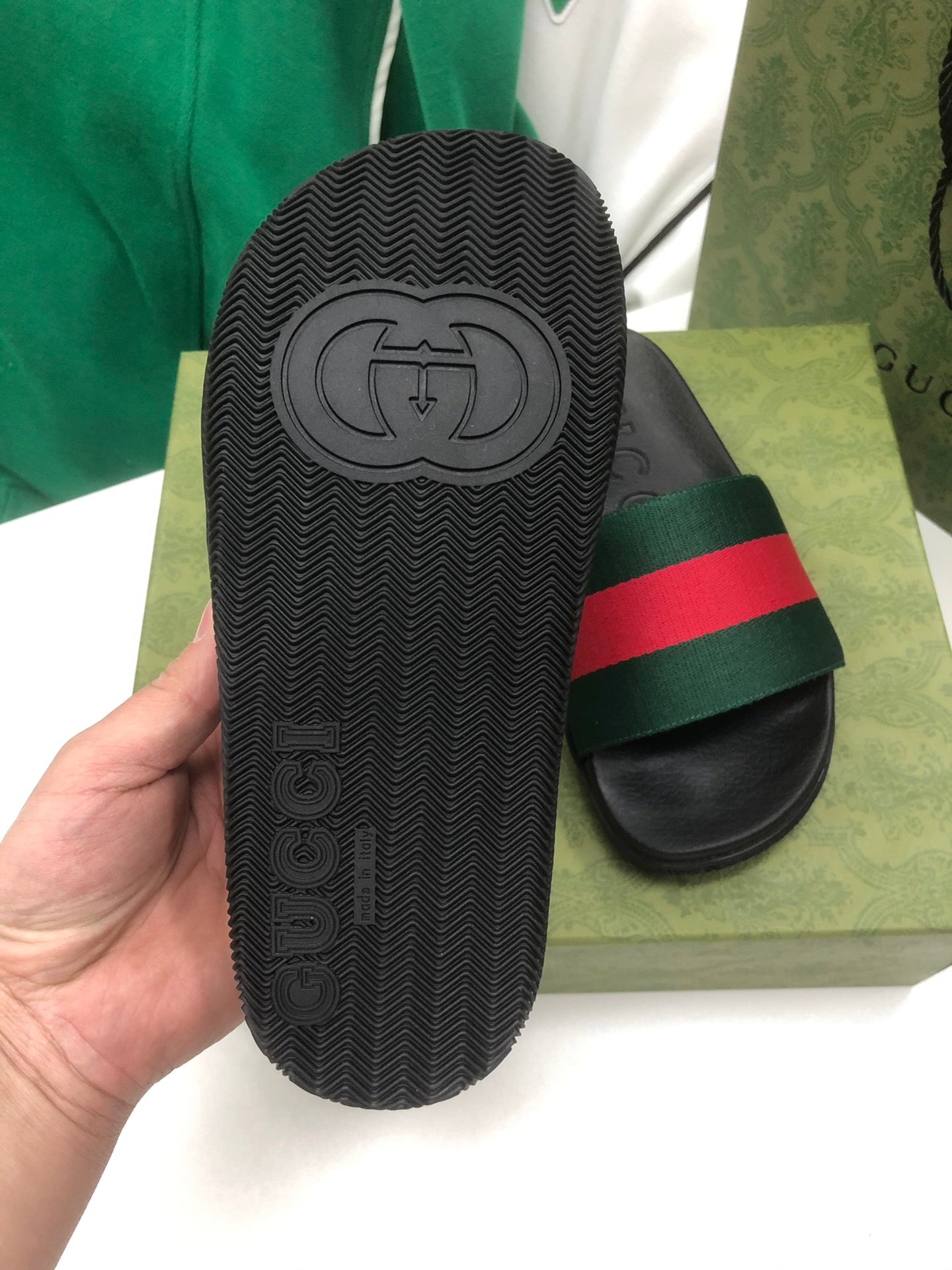 GG Web Slide Sandals Black Green Rubber Cotton 788219