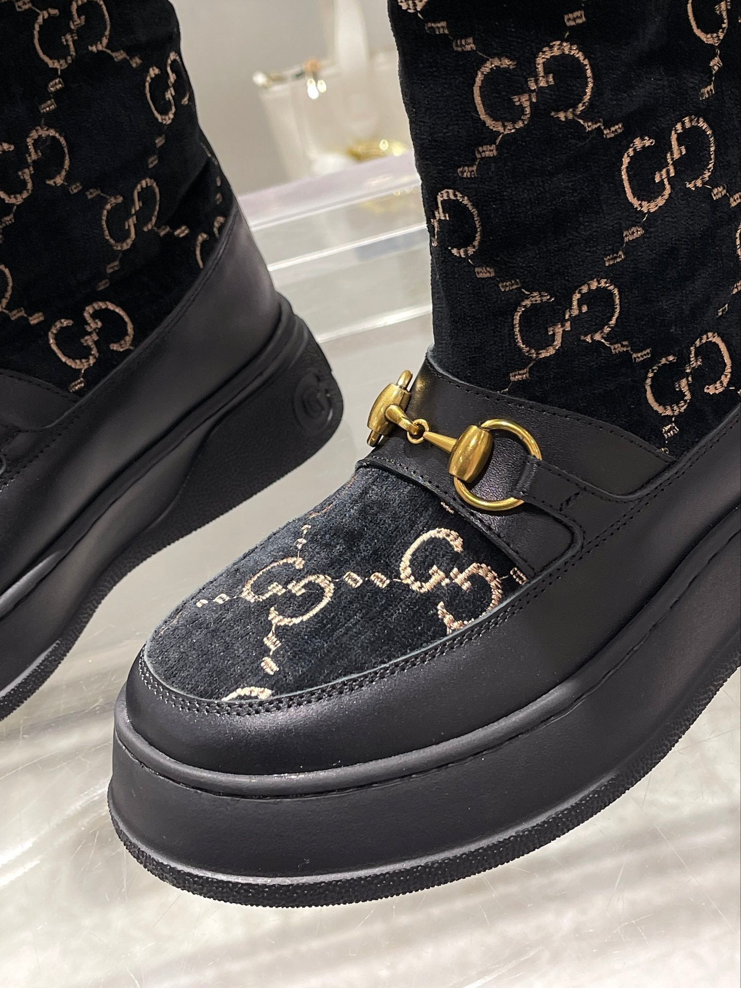 Gucci 2025 Monogram Boot Black Beige Wool Suede Calfskin 564687