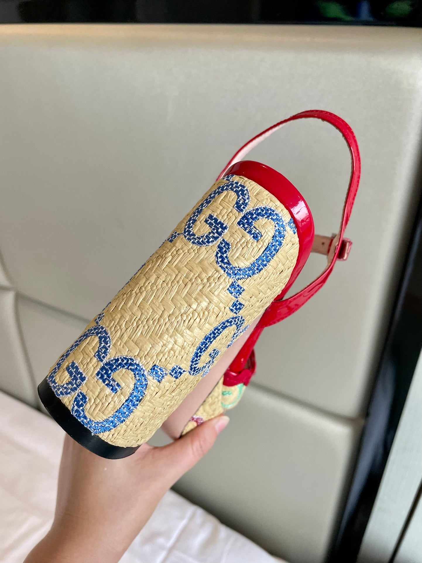 GG Kertu Platform Sandals 12cm Beige Red Raffia Leather 695694