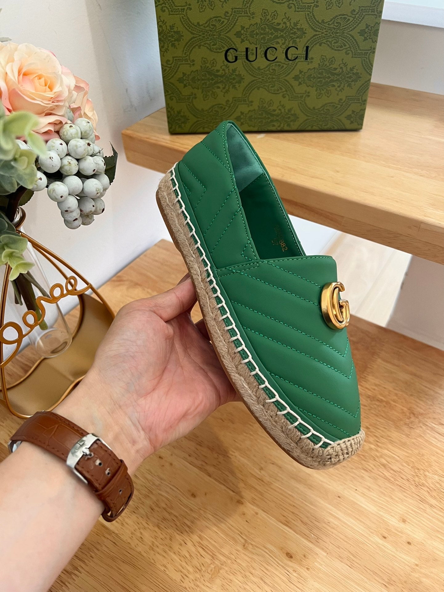 GG 26ss Loafer Green Straw Sheepskin 692197