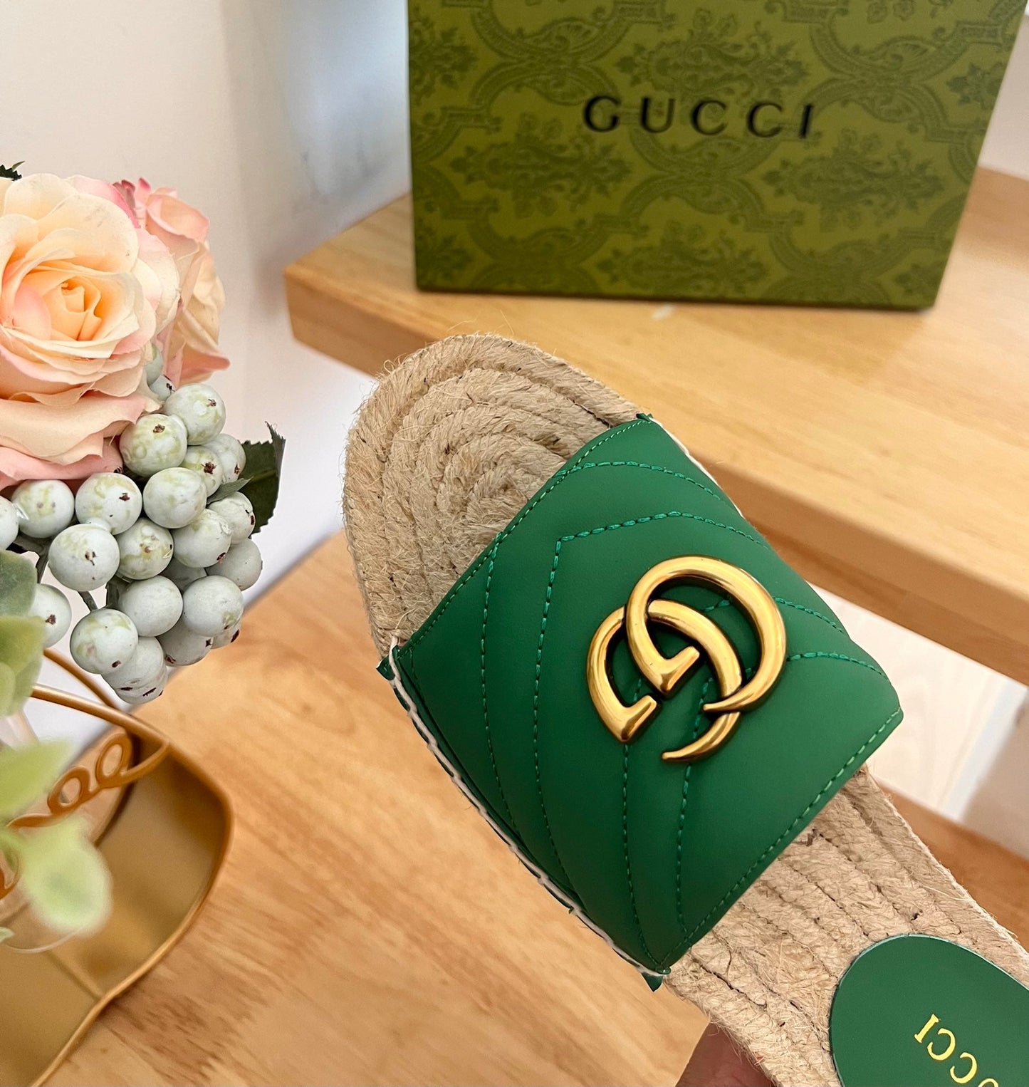 GG 26ss Slide Green Canvas Sheepskin 692201