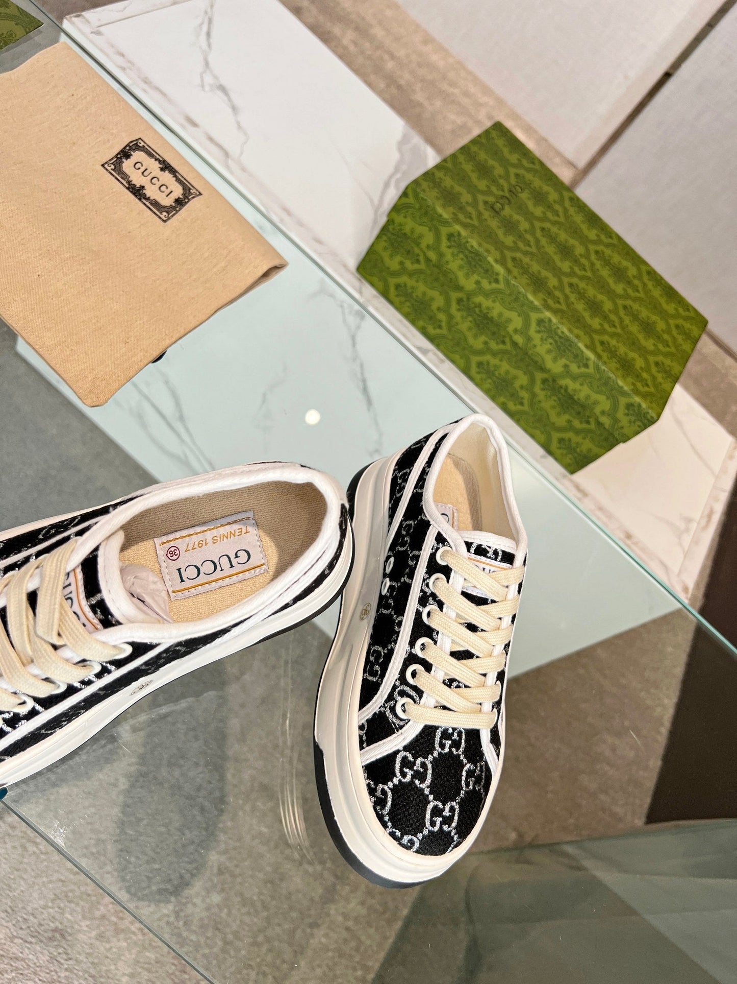 GG Low Top Sneakers 50mm Black White Monogram Canvas 457435