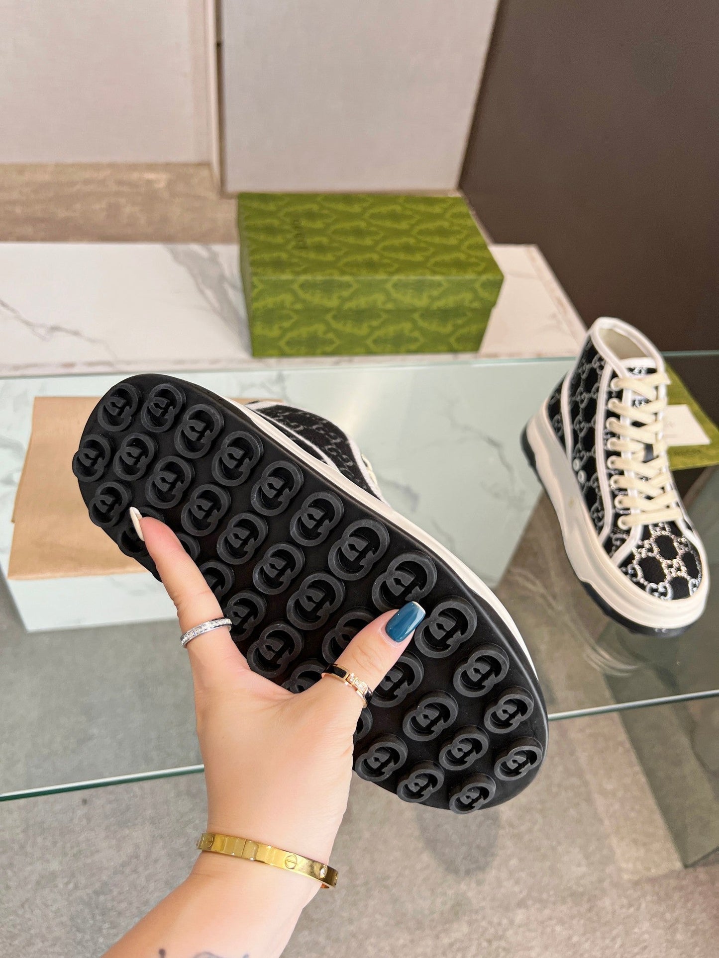 GG High Top Sneakers 50mm Black White Monogram Canvas 457434