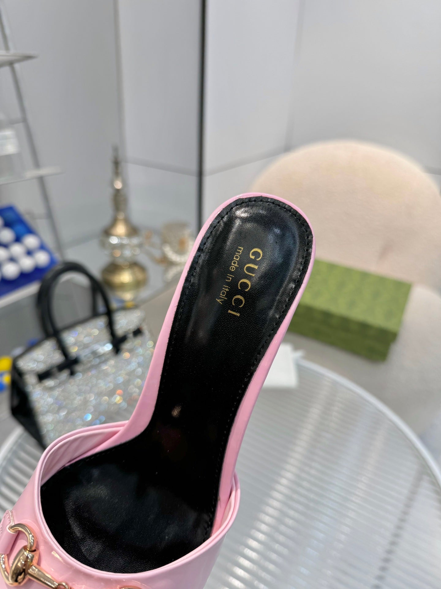 GG Gold Buckle Slide Sandal 80mm Light Pink Patent Leather 457563