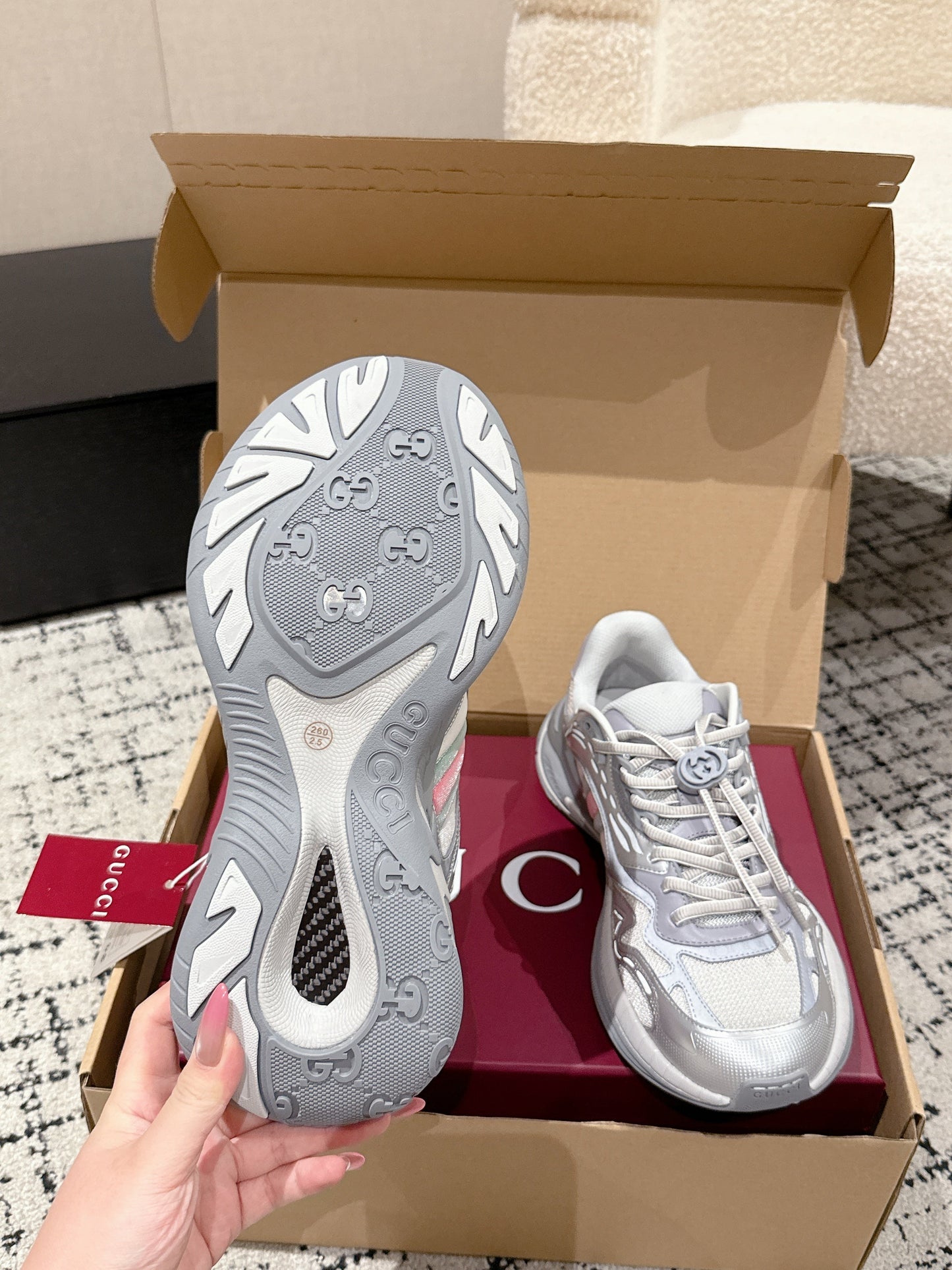 GG Rhyton Leather Sneakers White and Silver Leather 514914