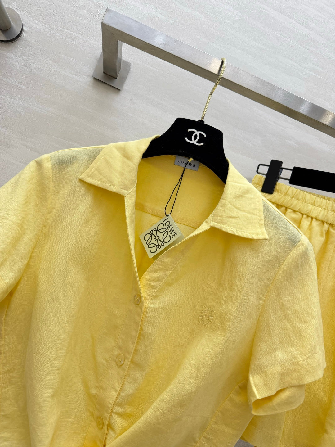 Loewe Summer Essential Two-Piece Set Shirt Loose Shorts Yellow Cotton 410421