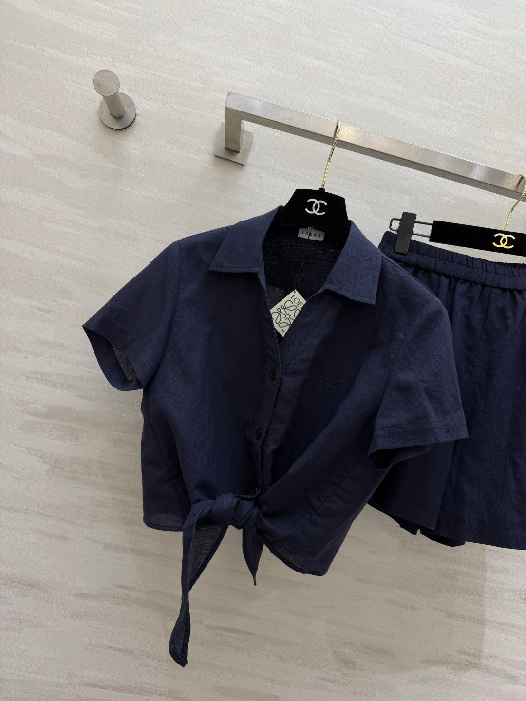 Loewe Summer Essential Two-Piece Set Shirt Loose Shorts Dark Blue Cotton 410411