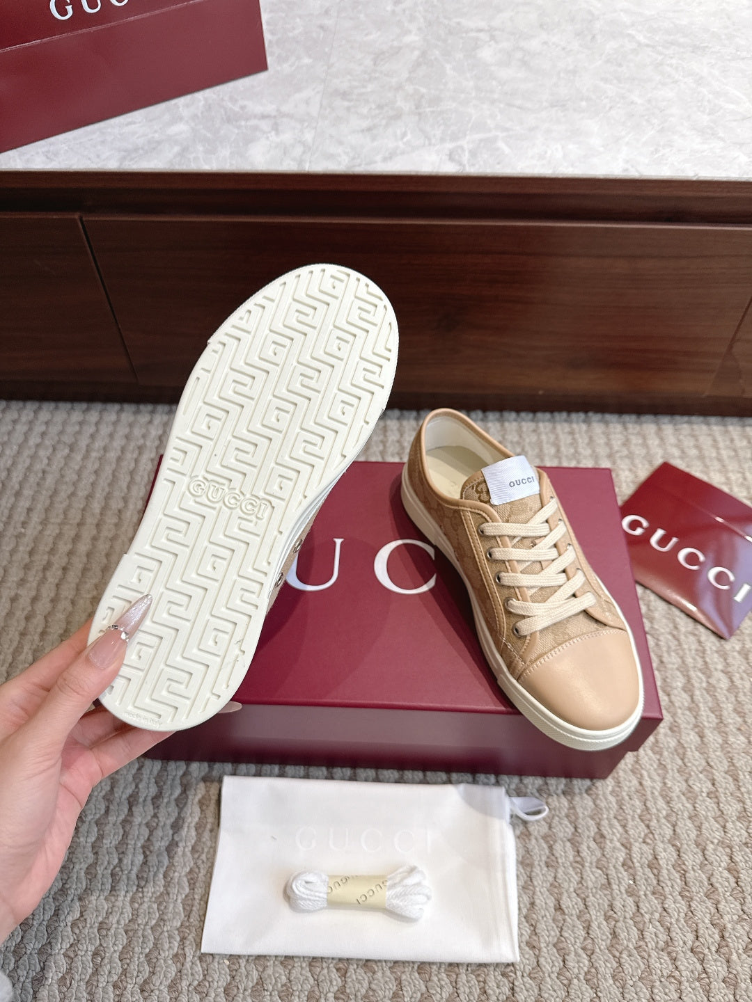 GG Tennis 1977 Low-Top Sneakers Brown Beige Leather Canvas 104421