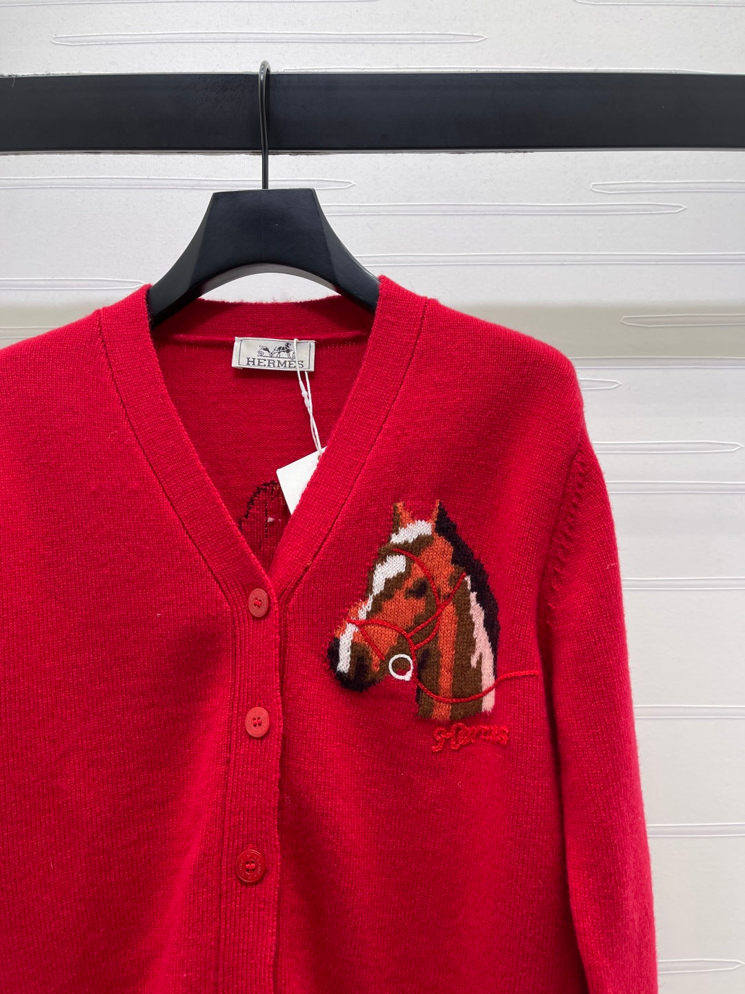 HM 26s Jacquard Horsehead V-Neck Knit Cardigan Red Wool 344105