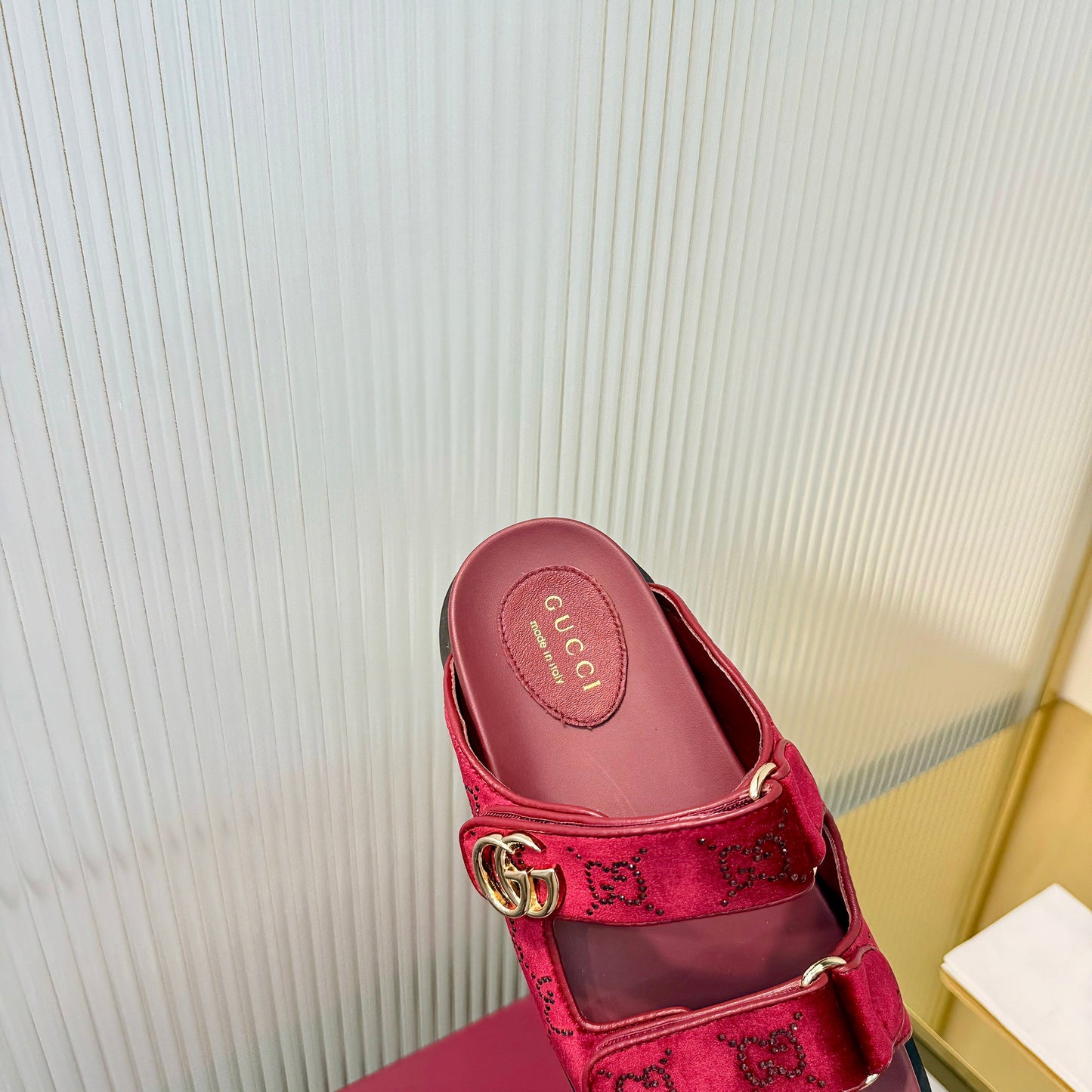 GG 26s Dad Mule Sandals Red Leather Velvet 714865