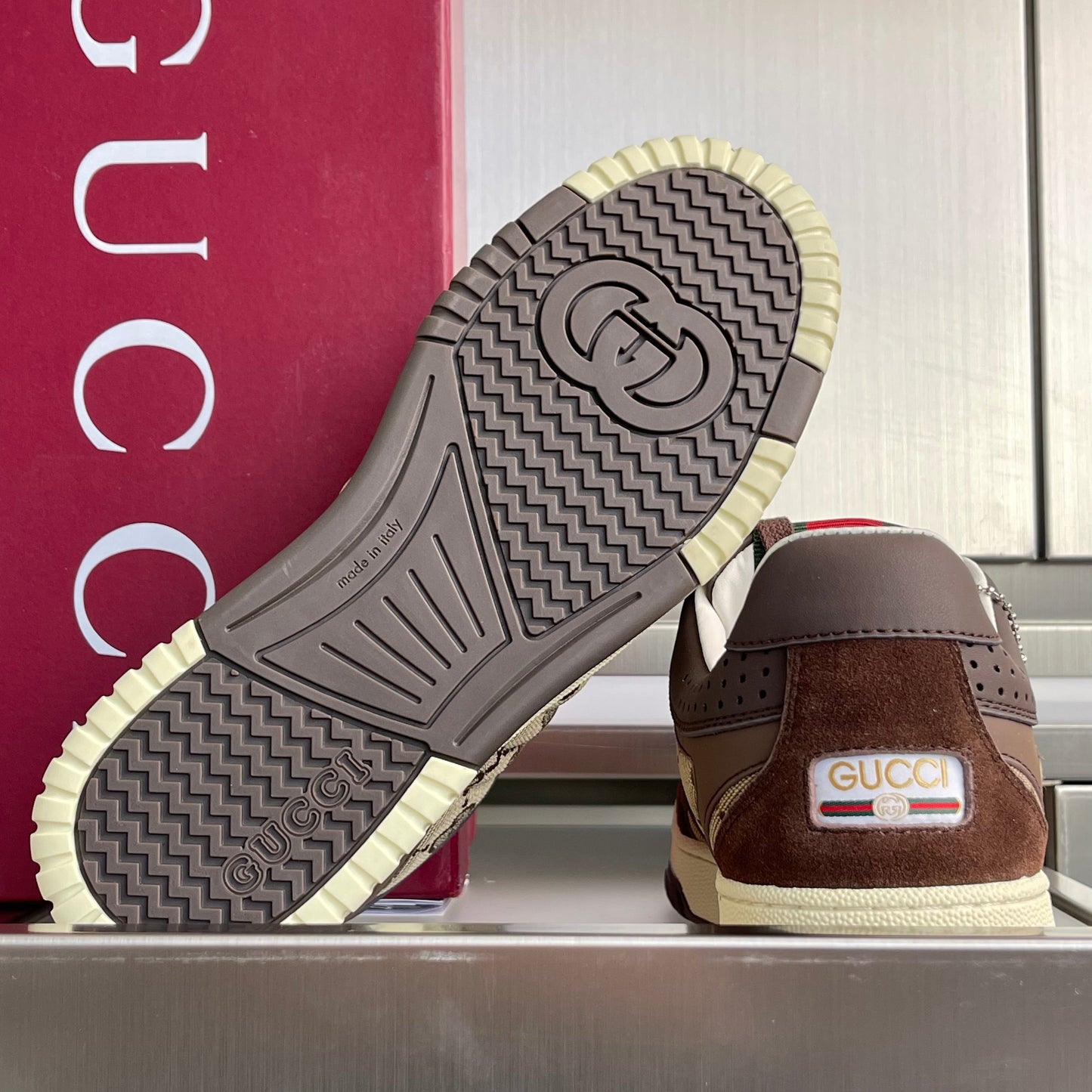 GG Women's Re-Web Trainers Beige Brown Cowhide Canvas 609257