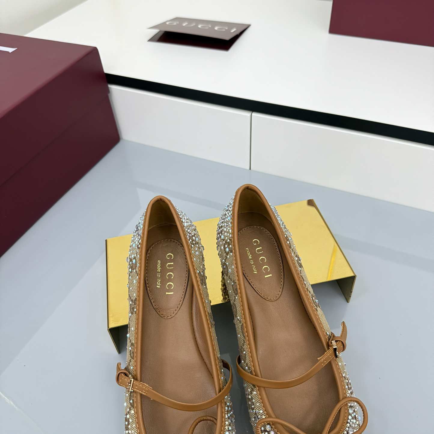GG Women's Crystal Horsebit Ballet Flat Beige and Dark Brown Canvas 511209