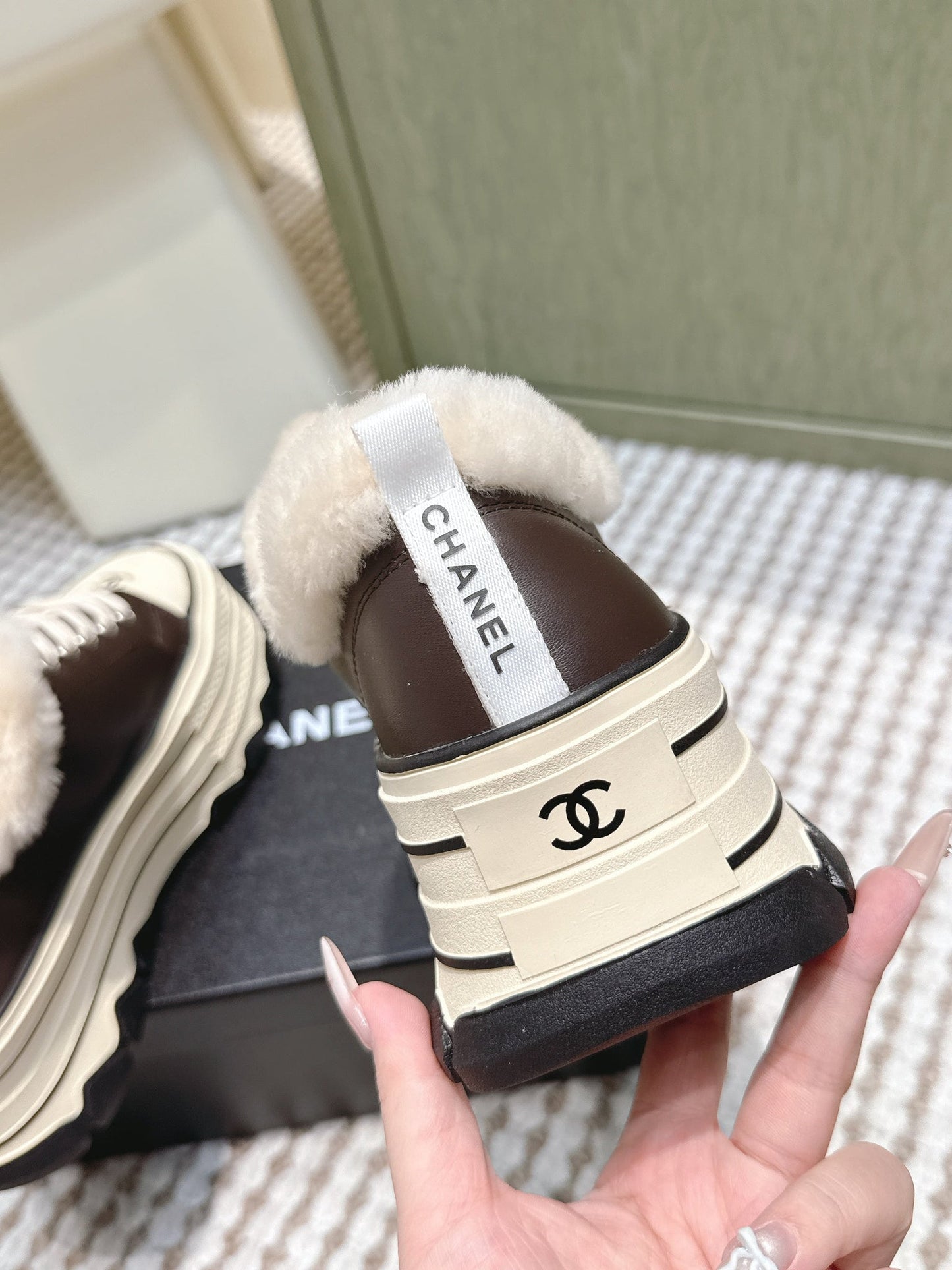 Chanel 26s Thick-Sole Sneakers 60mm In Dark Brown And Beige Calfskin With Fur Lining