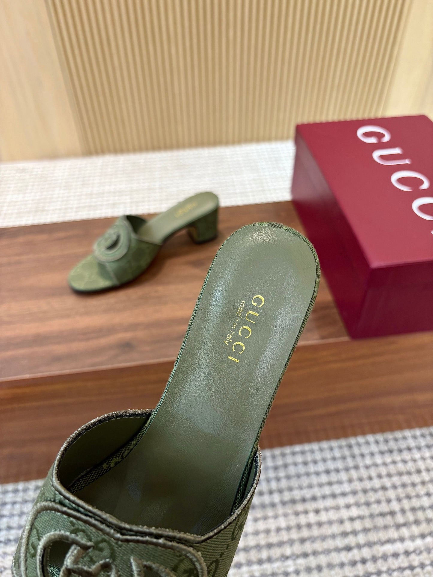 GG Interlocking G Cutout Sandals 5.5cm Olive Green Canvas 646505
