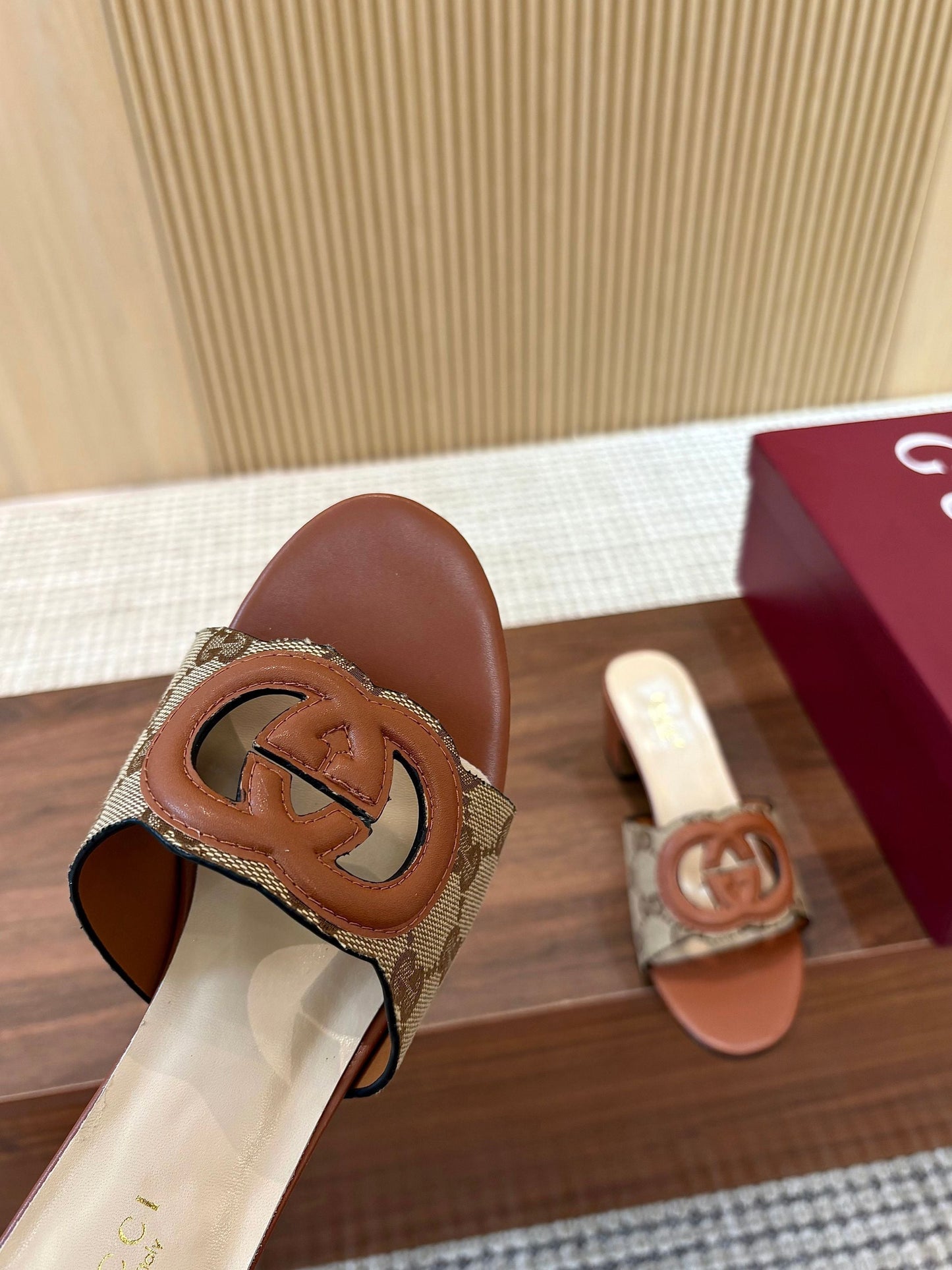 GG Interlocking G Cutout Sandals 5.5cm Brown Beige Sheepskin Canvas 646501