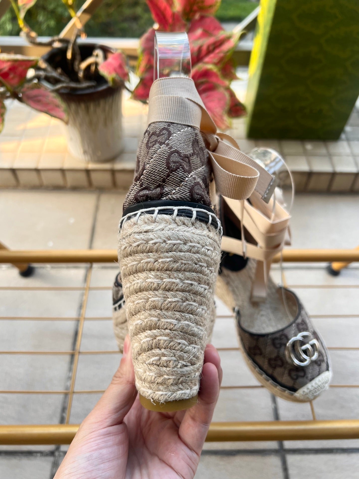 GG 26ss Platform Wedge Sandals 10cm Coffee Straw Canvas 692211