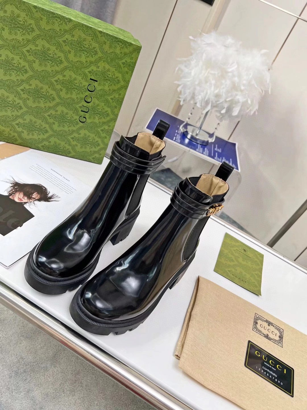 GG ankle boots black patent leather gold buckle