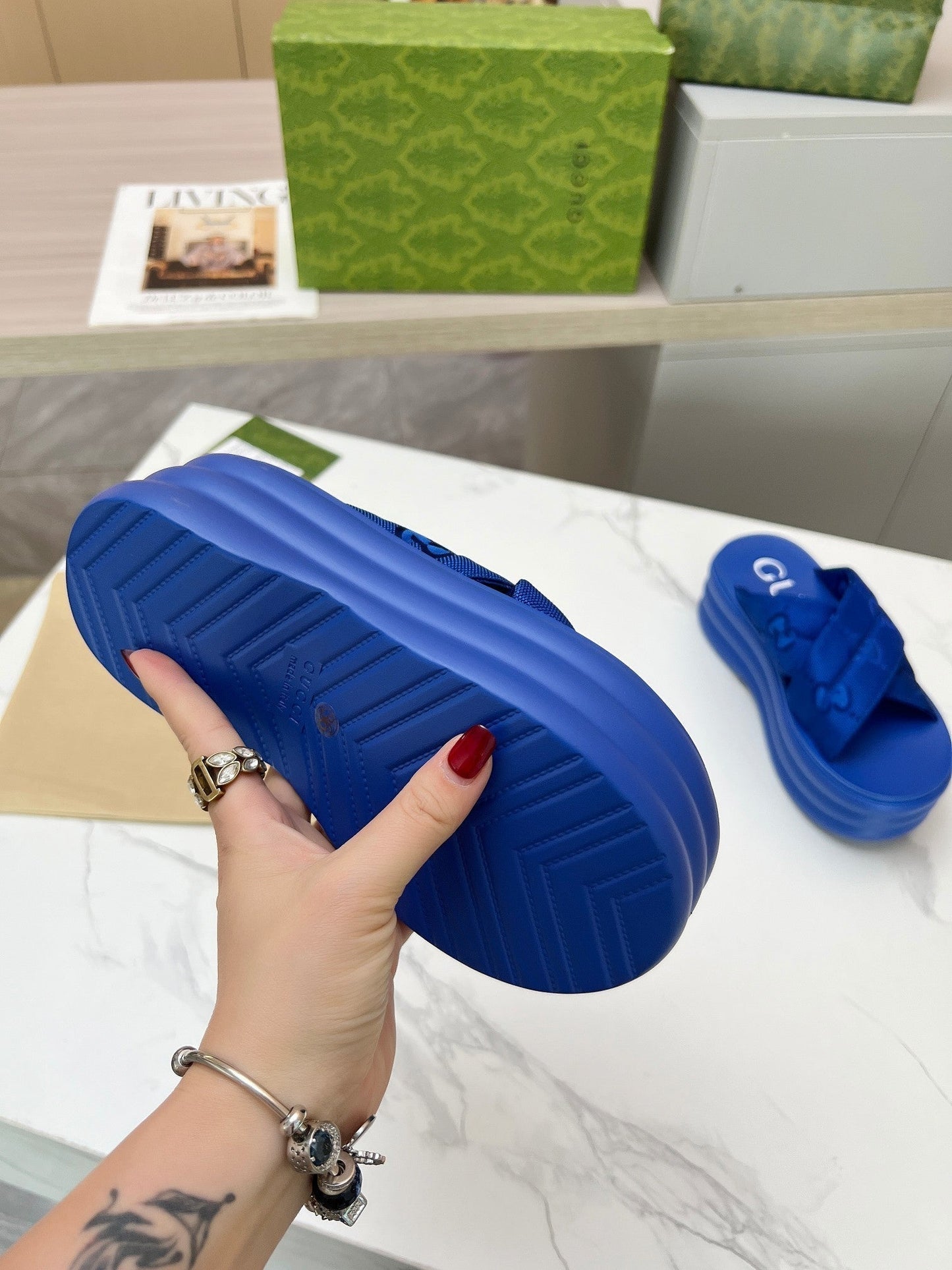 GG waterproof platform slippers blue fabric