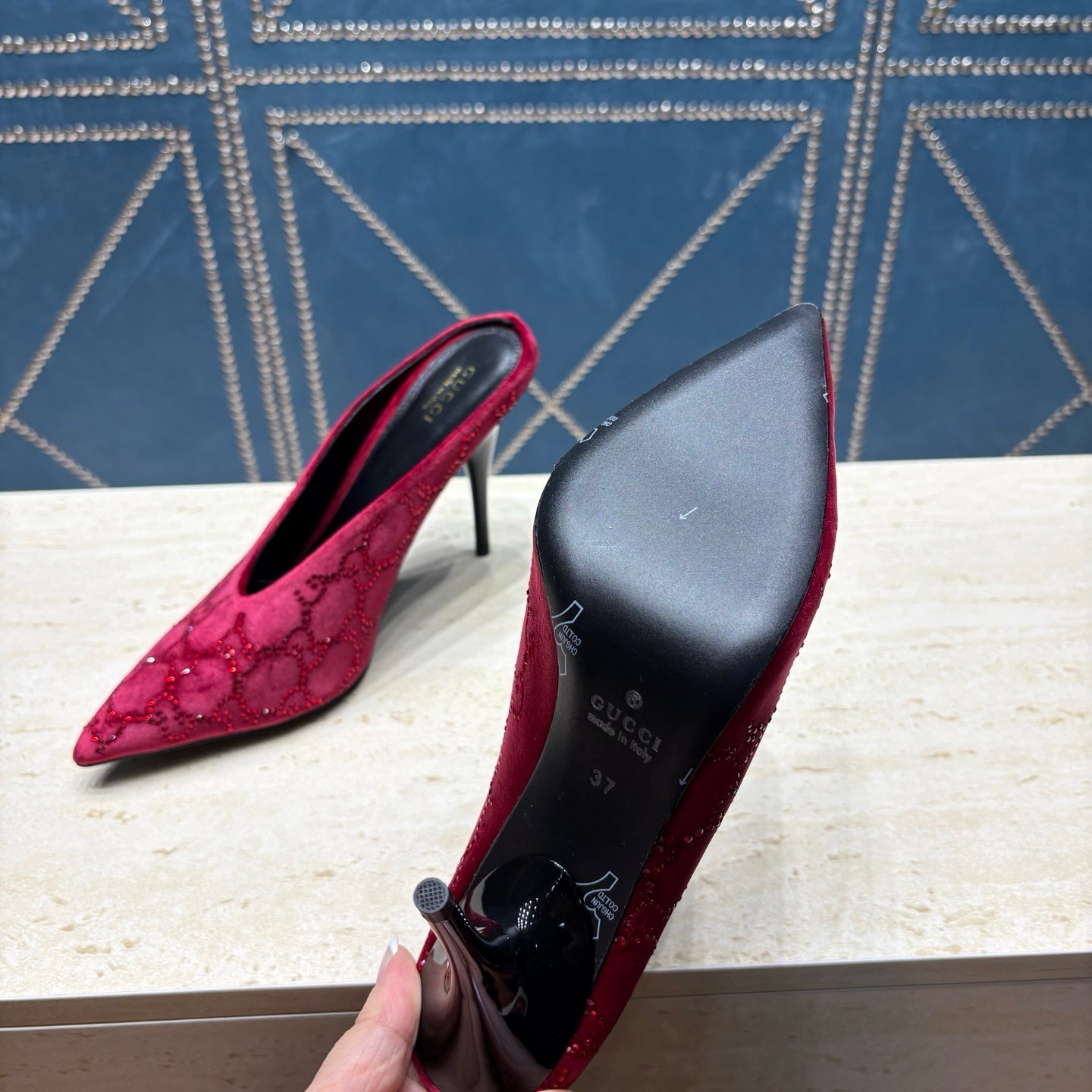 GG High-Heeled Mule 10.5cm Burgundy Velvet 741290