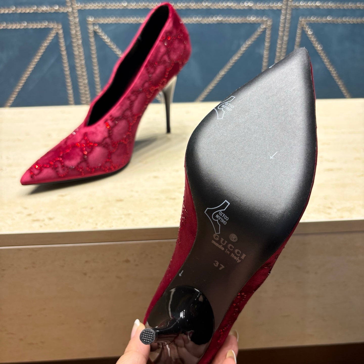 GG High-Heeled Pump 10.5cm Burgundy Velvet 741292