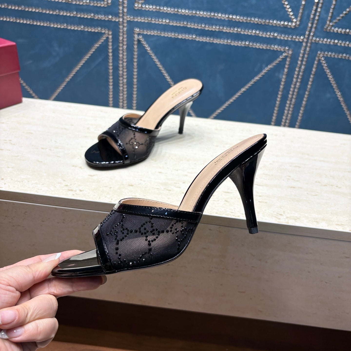 GG Women's Crystal Slide 8.5cm Sandal Black Mesh Leather 741296