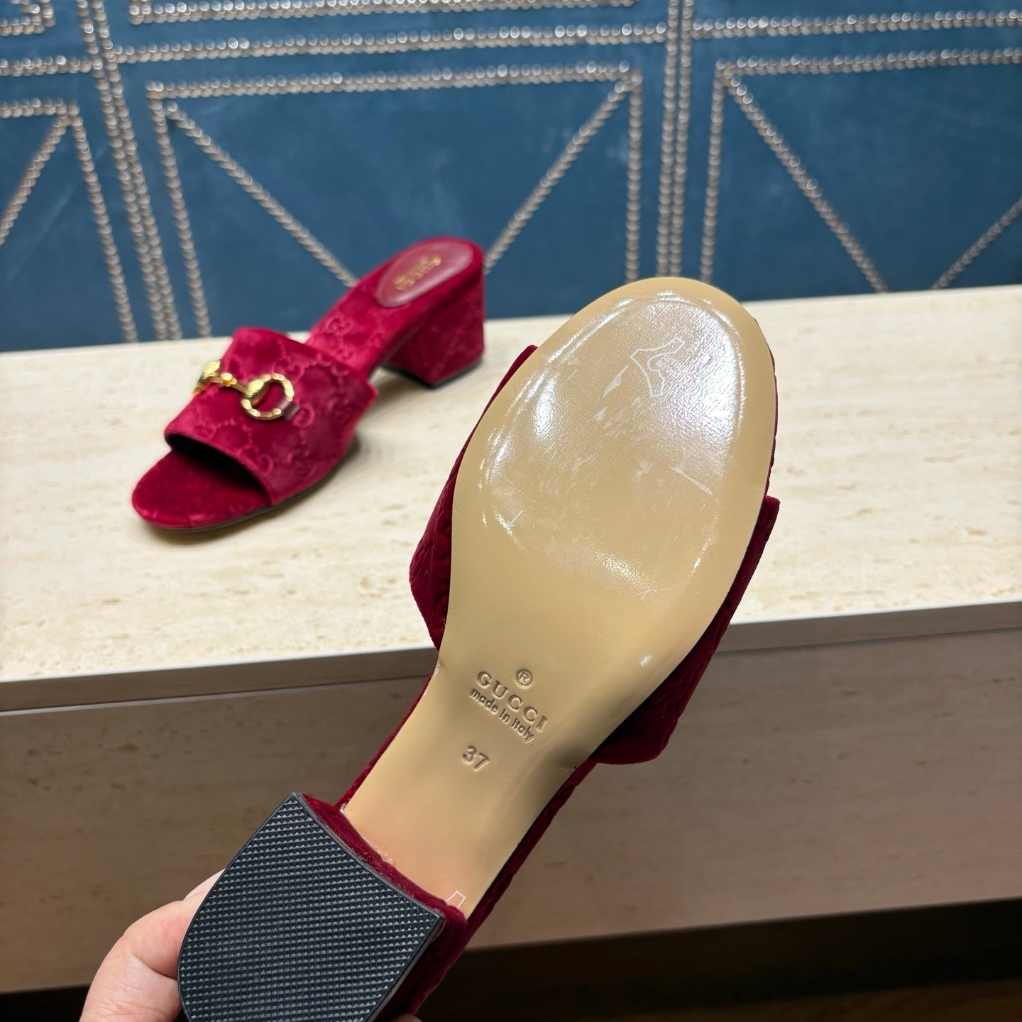 GG 26ss Chunky Heel Sandals 55 Bugundy Velvet 741301
