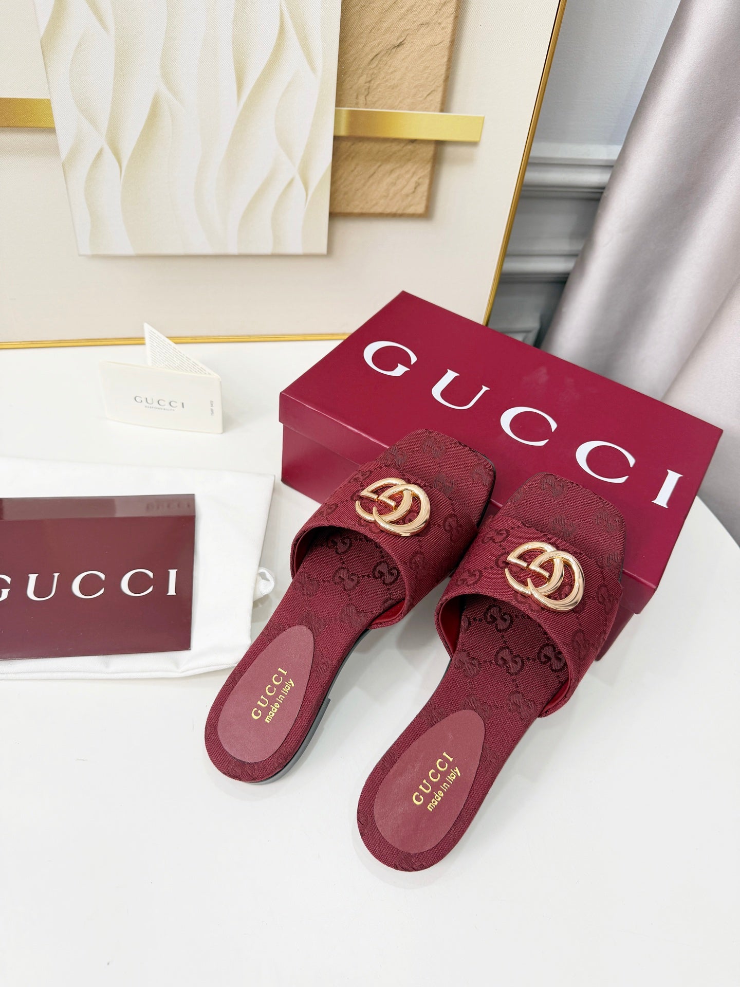 GG 2026 Early Spring Mule Burgundy Canvas Sheepskin 688516