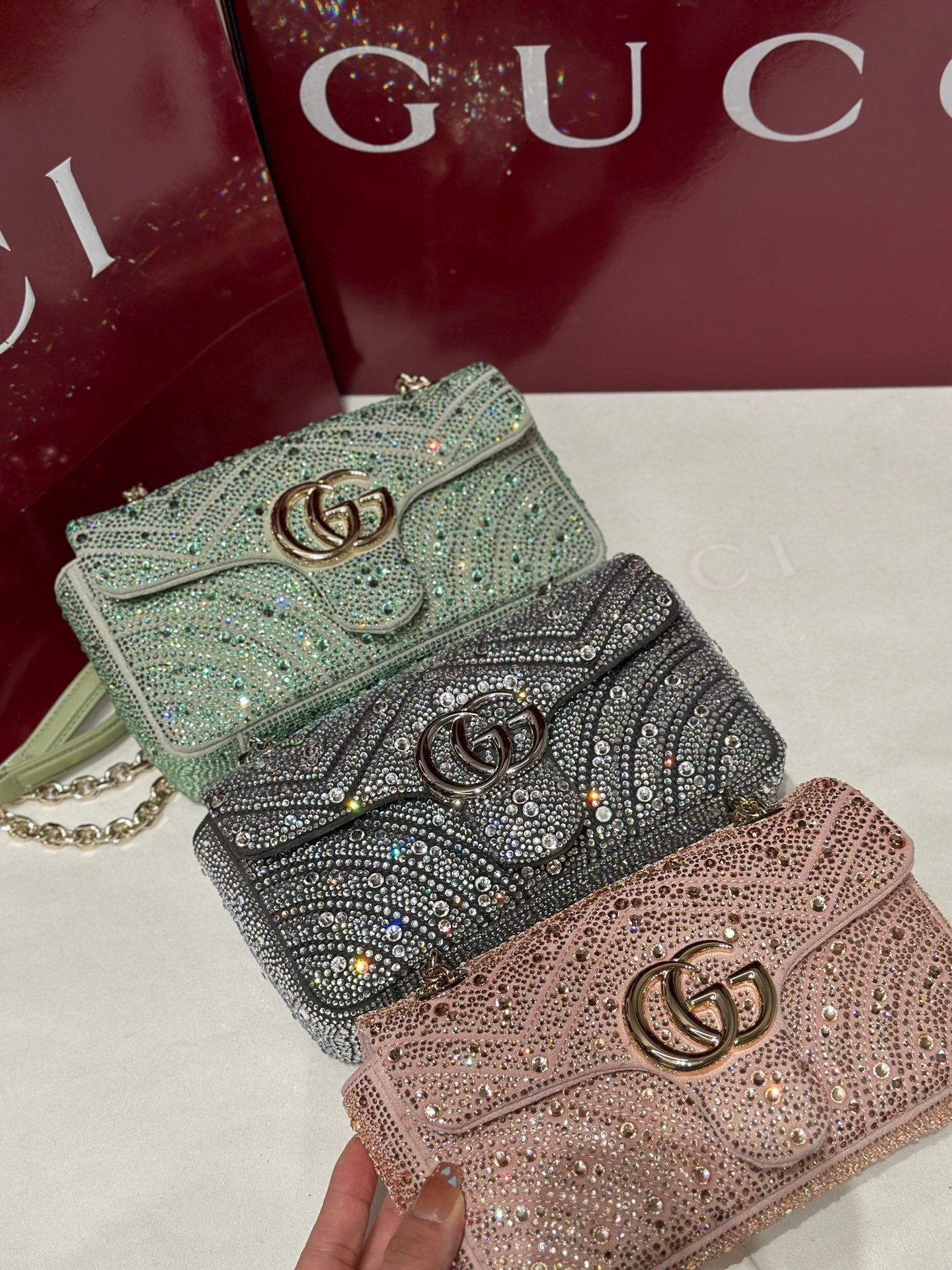 GG Marmont Crystals Small Shoulder Bag Green Leather