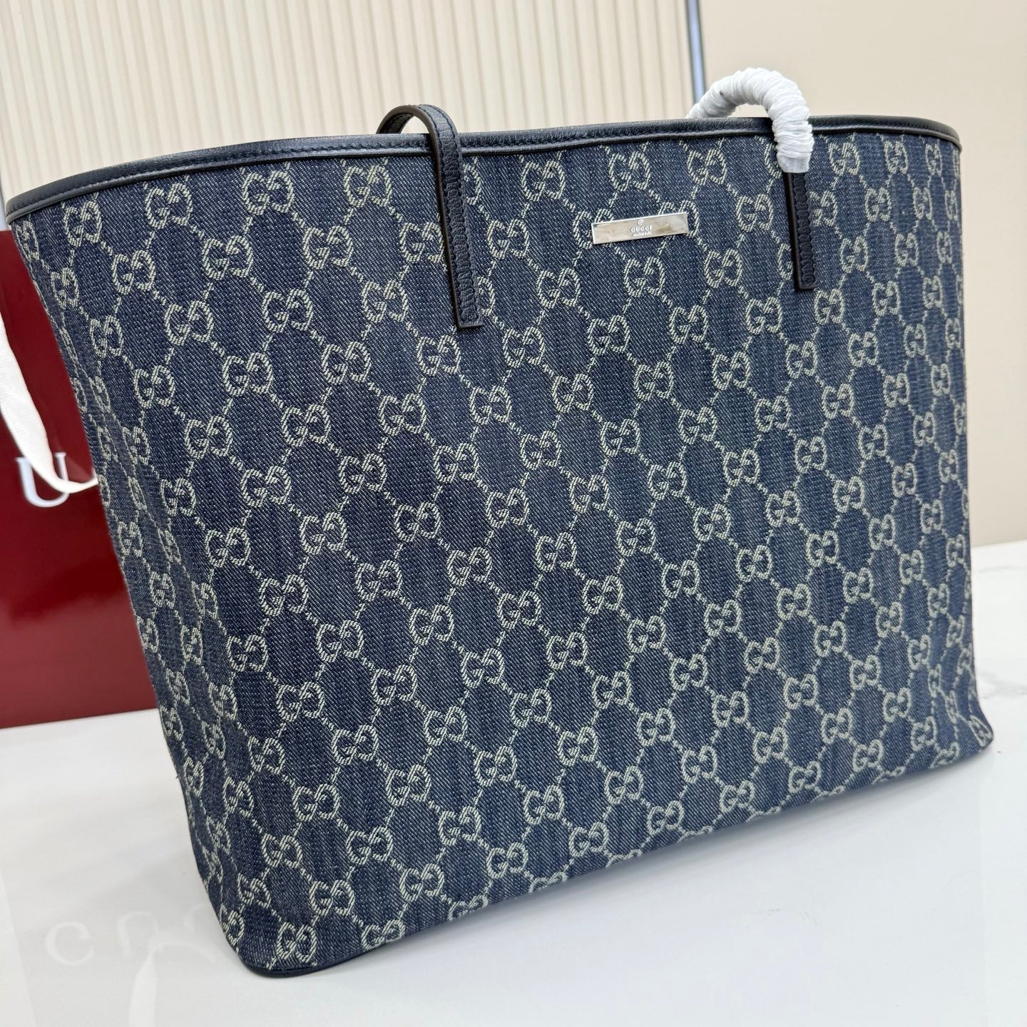 GG Tribeca Large Tote Bag Dark Blue Canvas Cowhide 141726