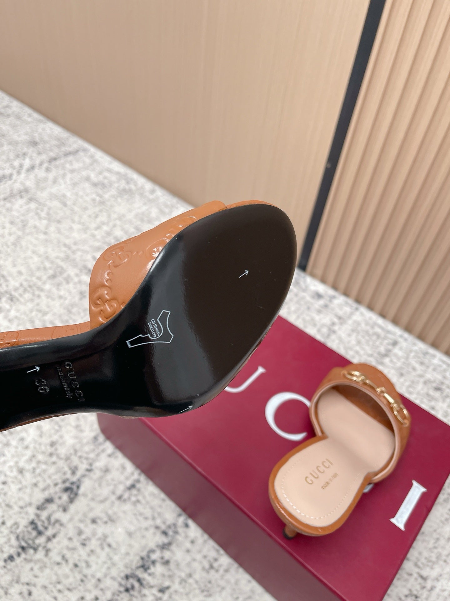 GG Sandal With Horsebit 8.5cm Brown Shiny Leather 752224
