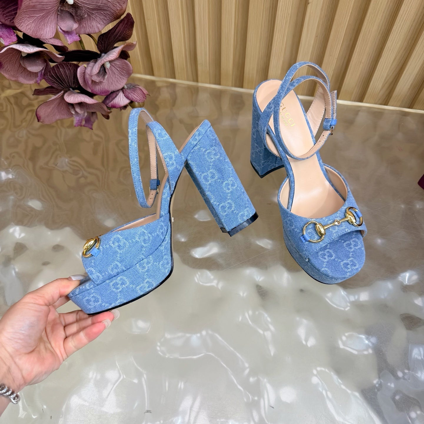 GG 26s Horsebit Platform Sandals 11cm Blue Suede 886502