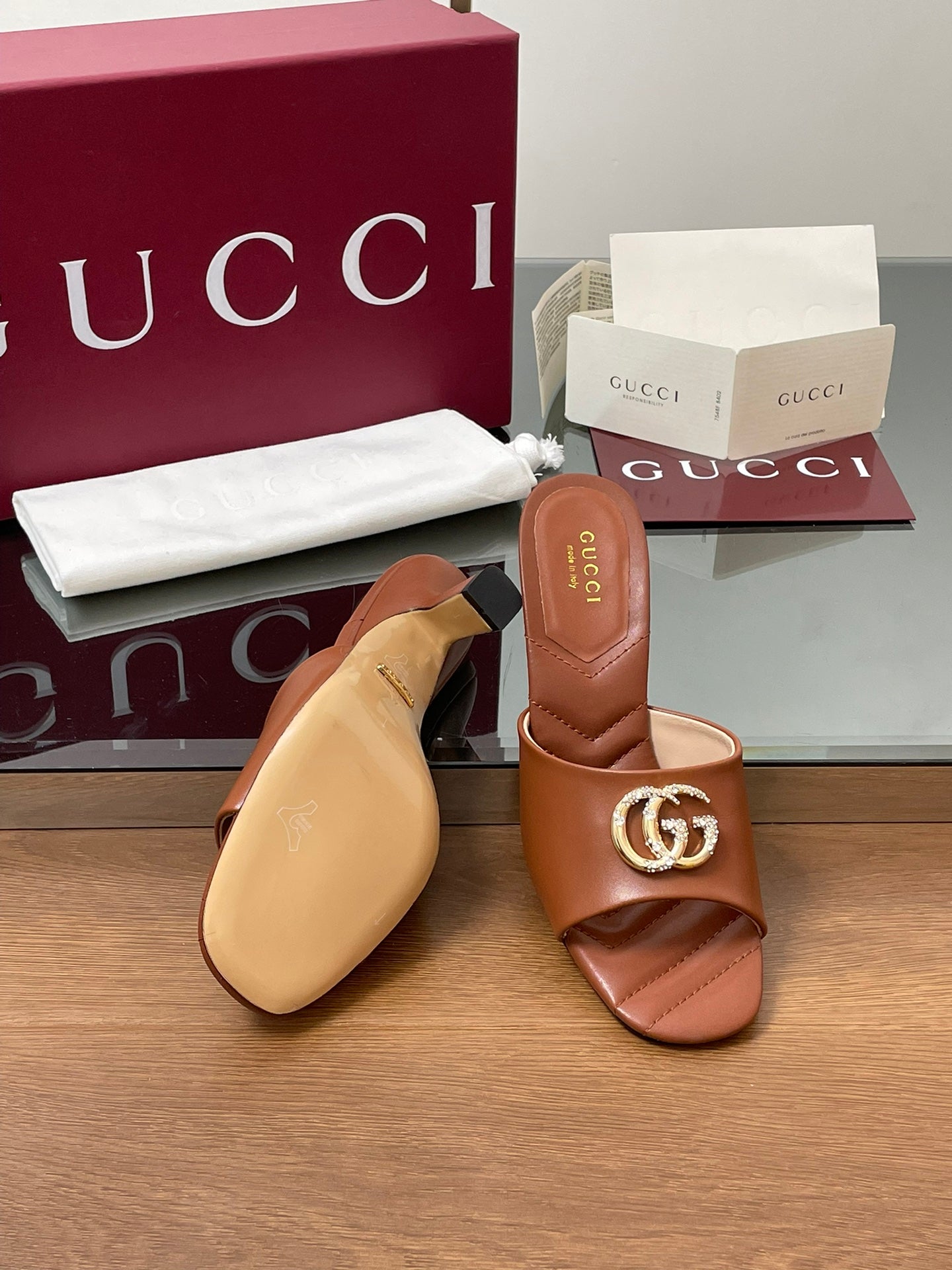 GG Canvas Mid-Heel Mules 7.5cm Tan Brown Sheepskin 646480