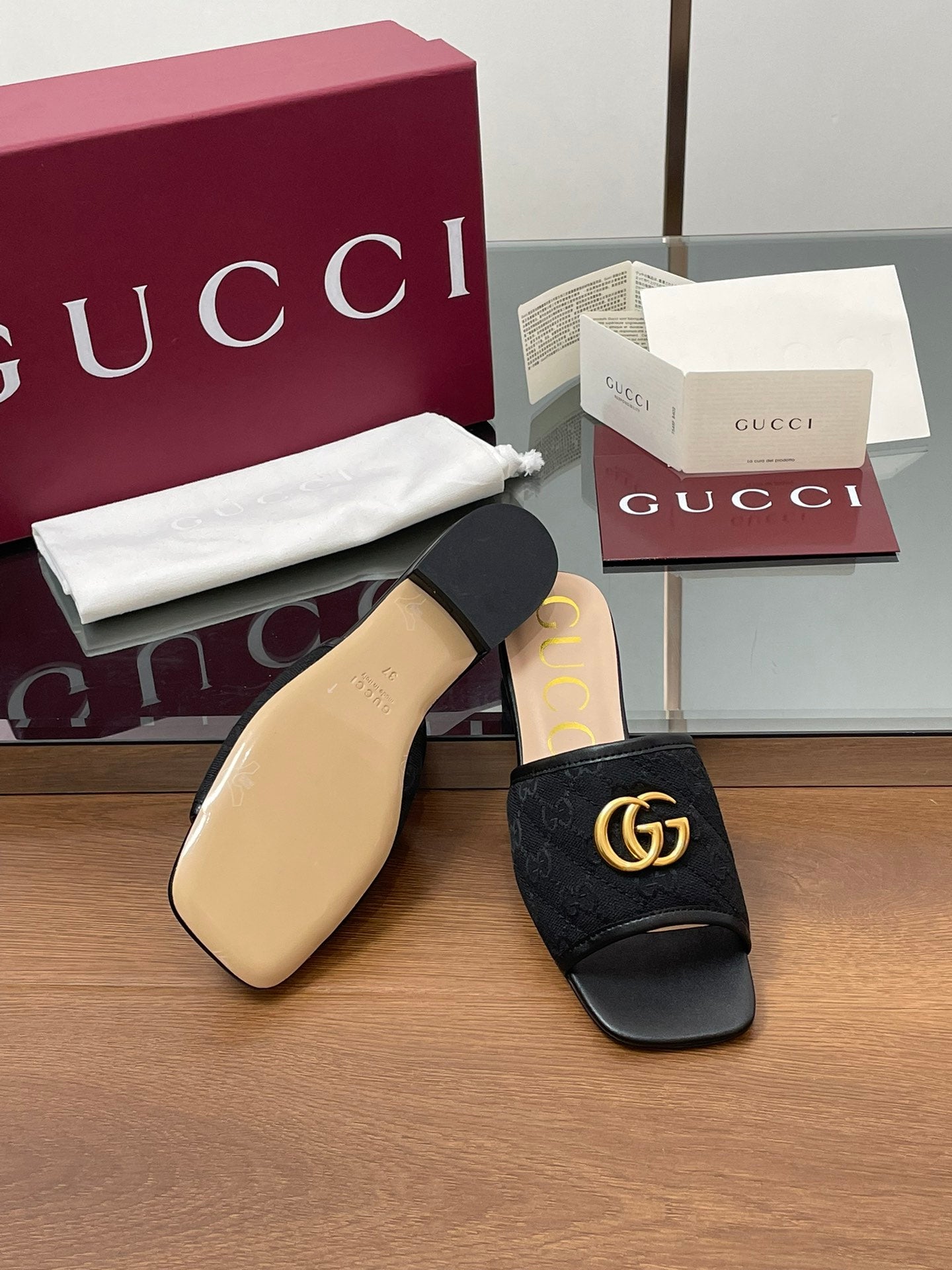 GG Matelasse Slide Sandals Black Canvas Sheepskin 646485
