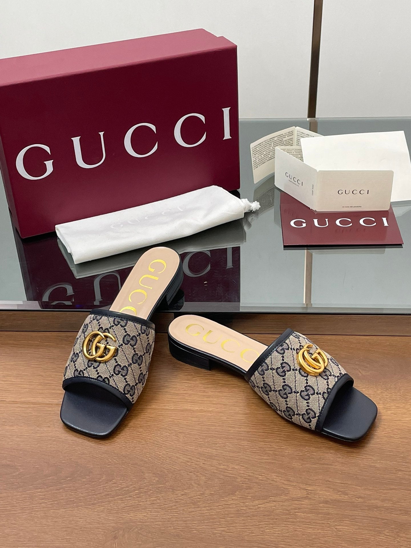 GG Matelasse Slide Sandals Navy Blue Beige Canvas Sheepskin 646486