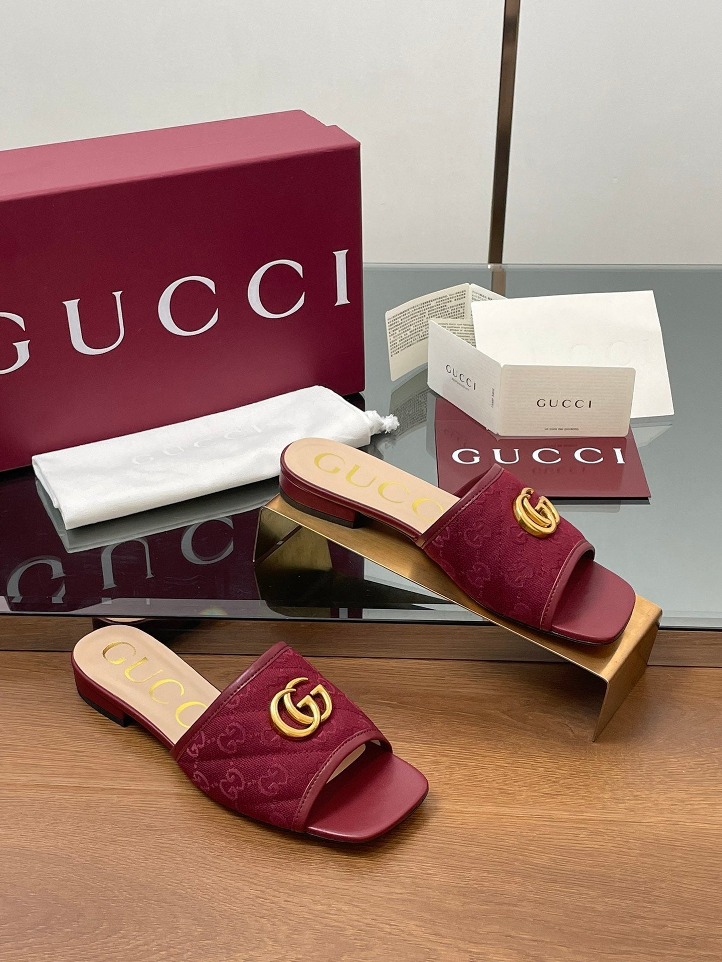 GG Matelasse Slide Sandals Burgundy Canvas Sheepskin 646489