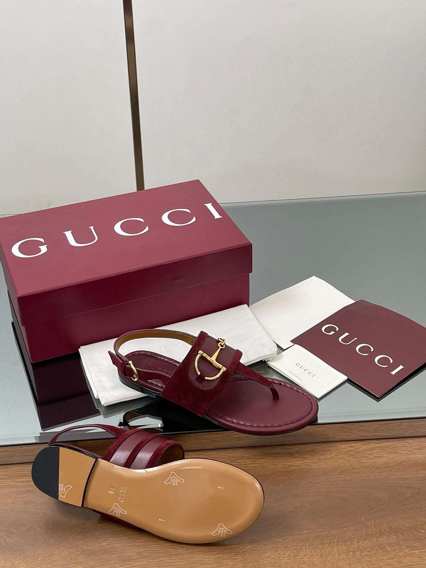 GG Horsebit Thong Flat Sandals Burgundy Sheepskin Suede 646471