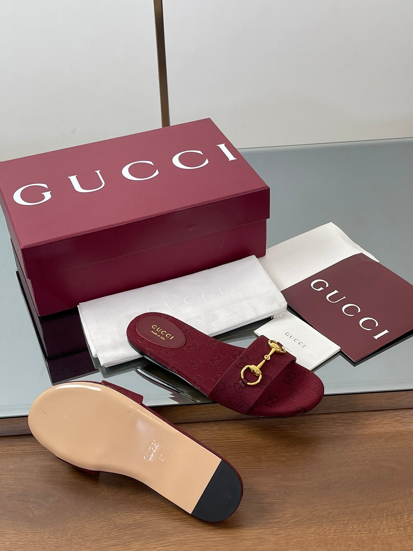 GG Horsebit Slide Sandals Burgundy Canvas 646552