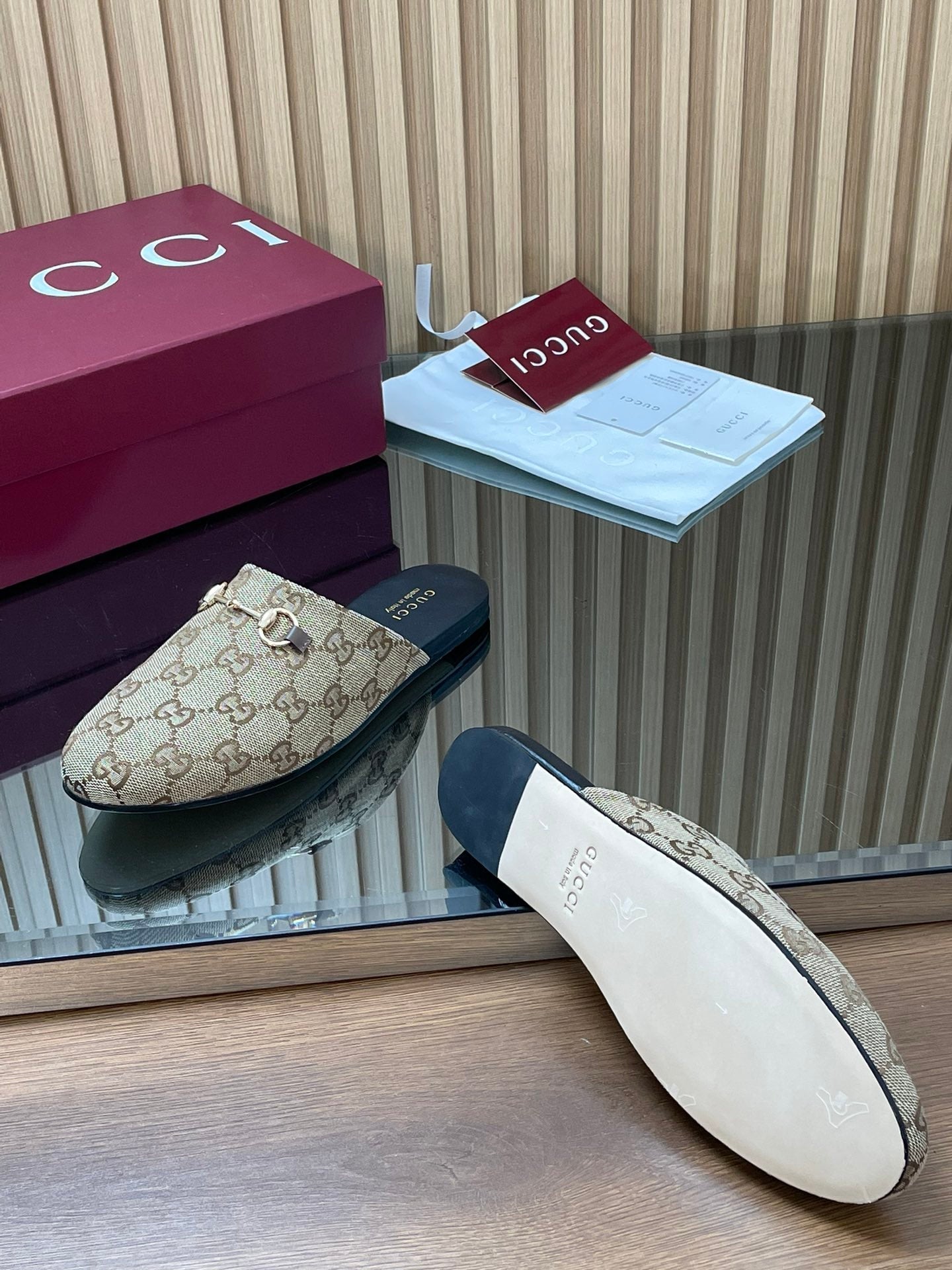 Gucci 25 Horsebit Mule Brown Beige GG Suede 563077