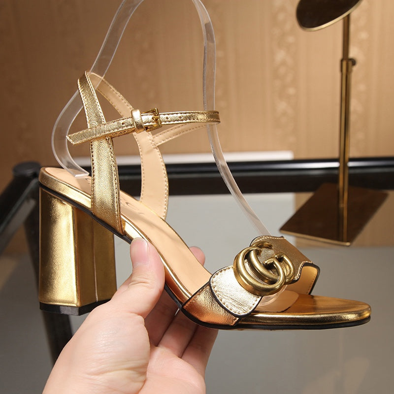 GG Marmont Ankle Strap Sandal 8cm Gold Sheepskin 342566