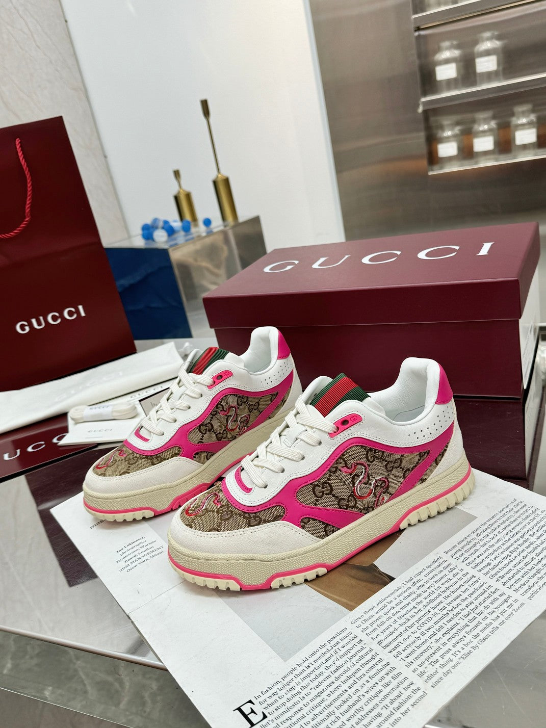 GG Re-Web Sneakers Pink Brown White Suede Cowhide Fabric 564717