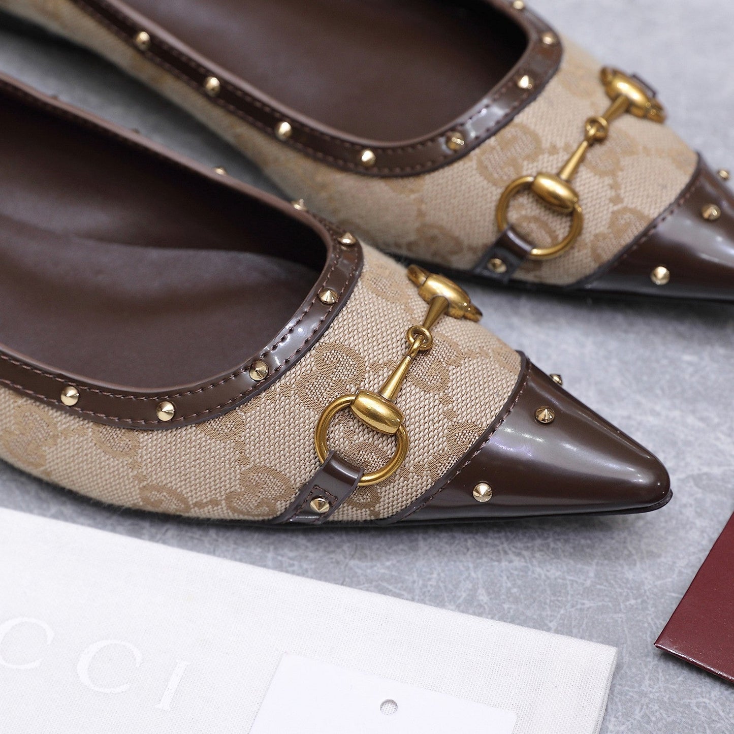 GG Savoy Ballerina Beige Brown Denim Leather 864281