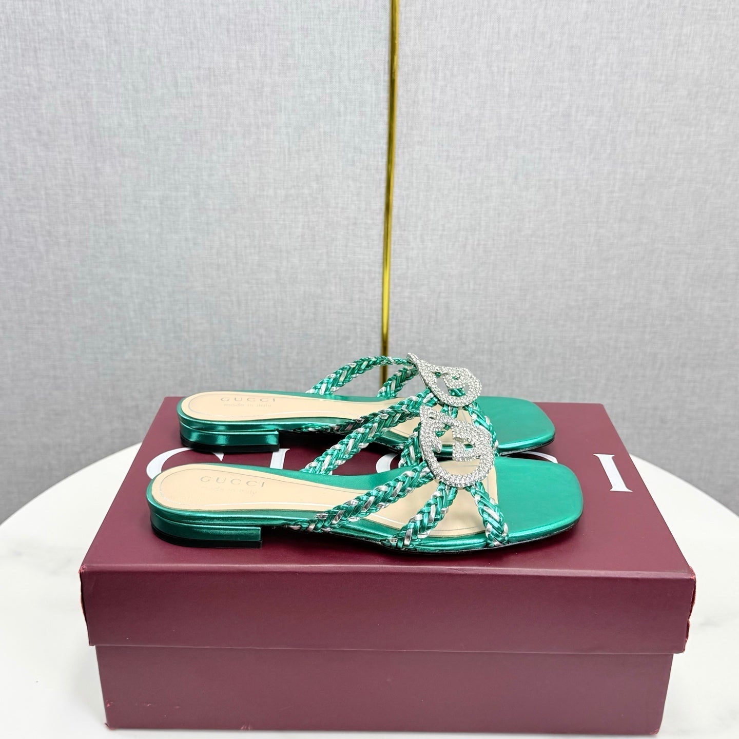 GG 26s Slippers With Crystal Interlocking G Teal Green Leather 639931