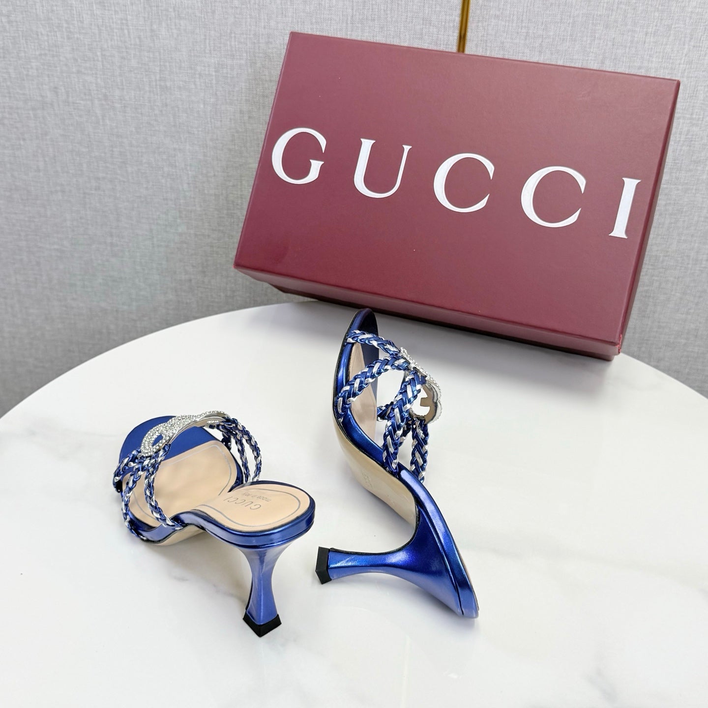 GG 26s Sandals 6.5cm With Crystal Interlocking G Dark Blue Leather 639950