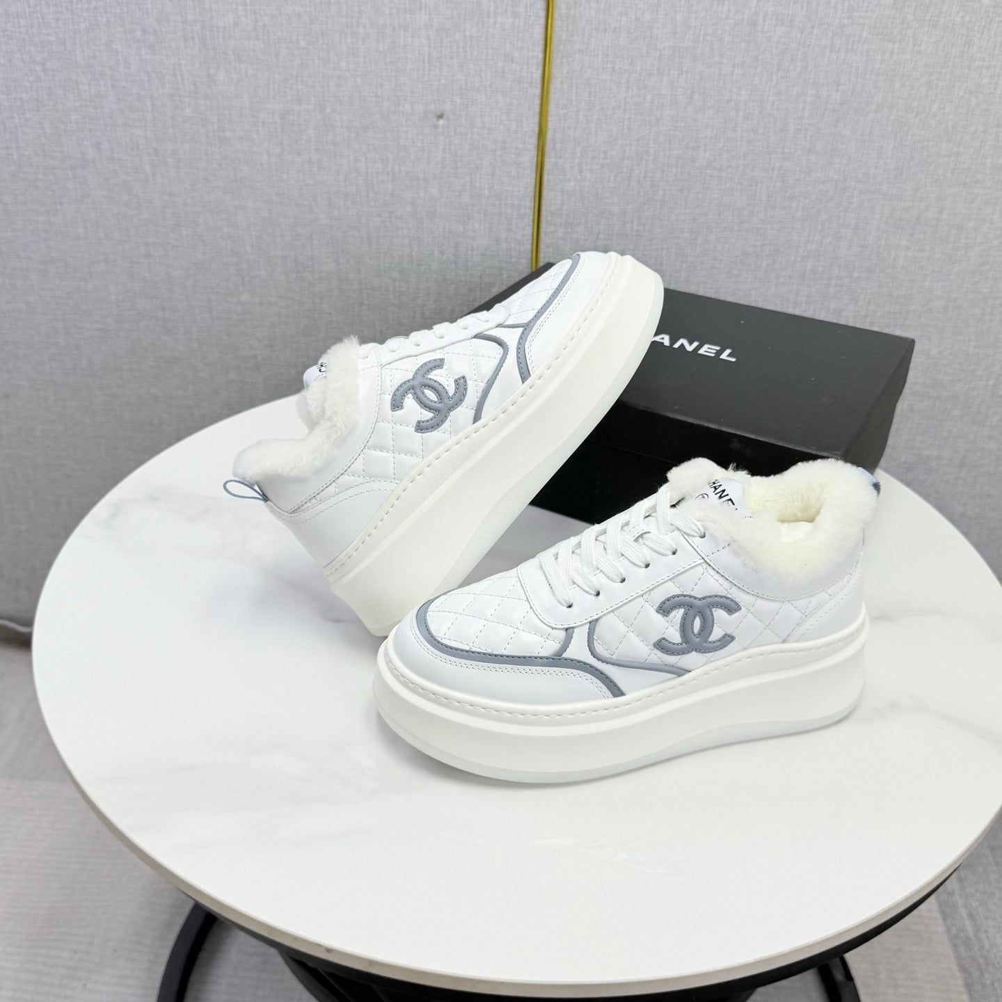 CC 26s Platform Sneakers Grey White Quilted Calfskin Shearling 972891