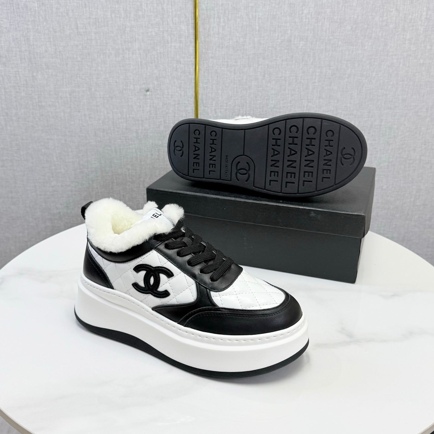 CC 26s Platform Sneakers Black White Quilted Calfskin Shearling 972892