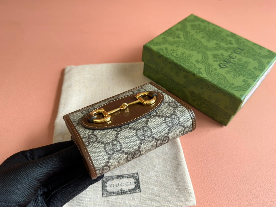 GG Horsebit 1955 Card Case Wallet Brown Beige Canvas Leather