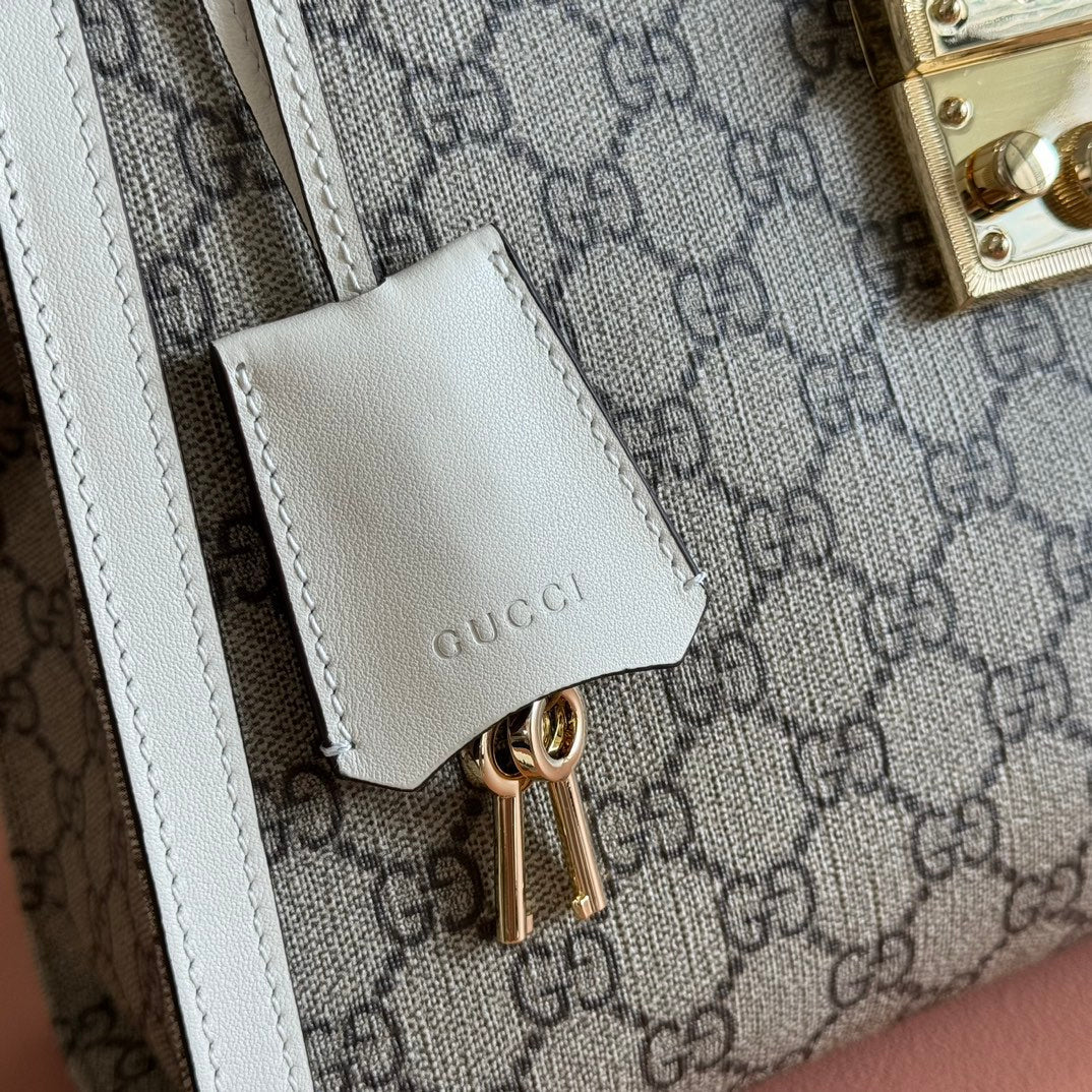 GG Padlock Large Top Handle Bag Beige White Leather Canvas