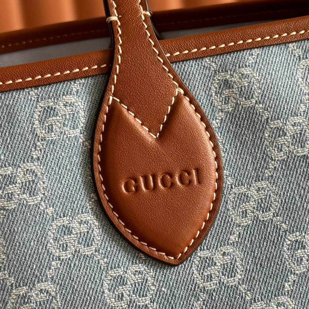 Gucci Totissima Tote Bag Light Blue Denim Canvas & Brown Leather.