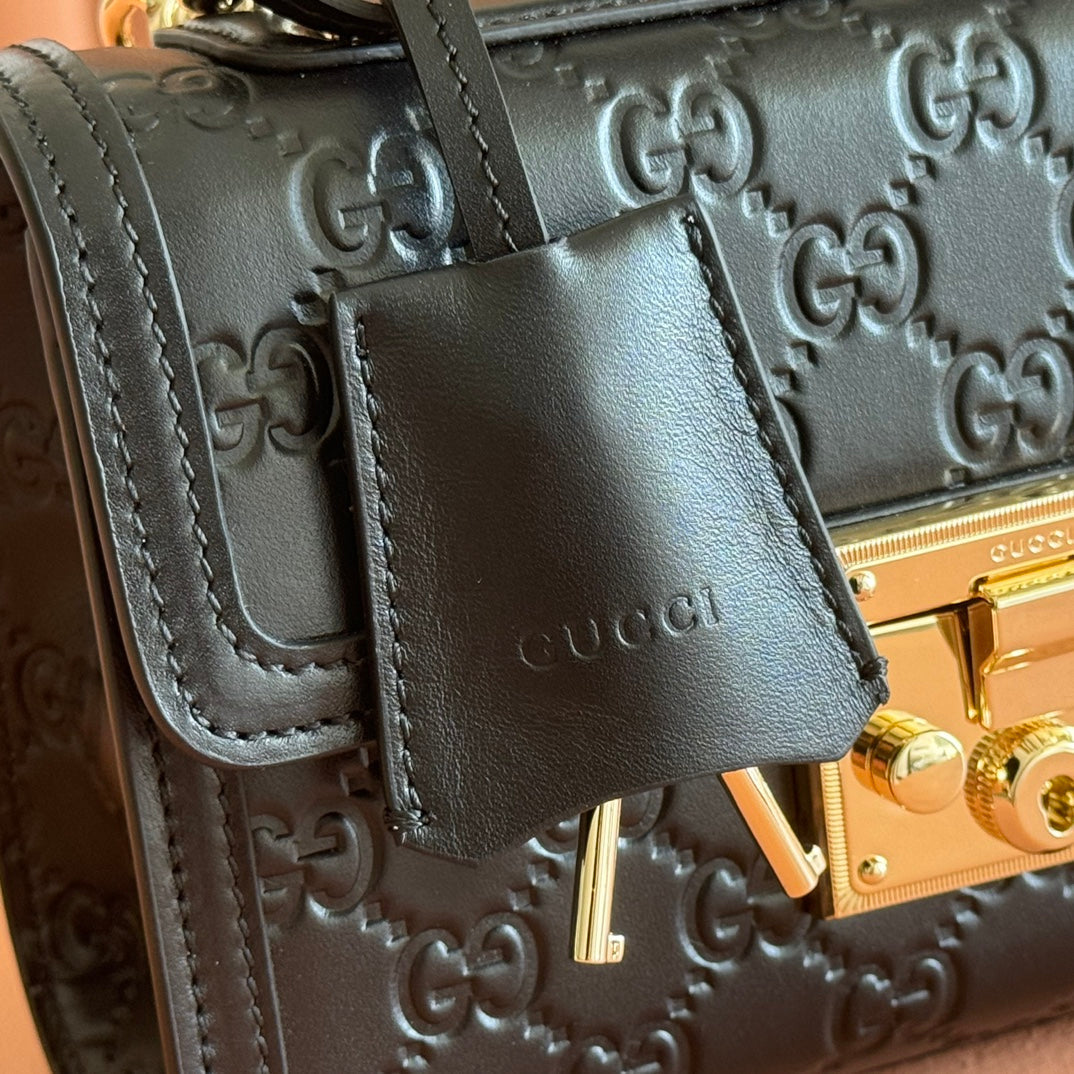 GG Padlock Handbag 20cm Black GG Pattern Leather