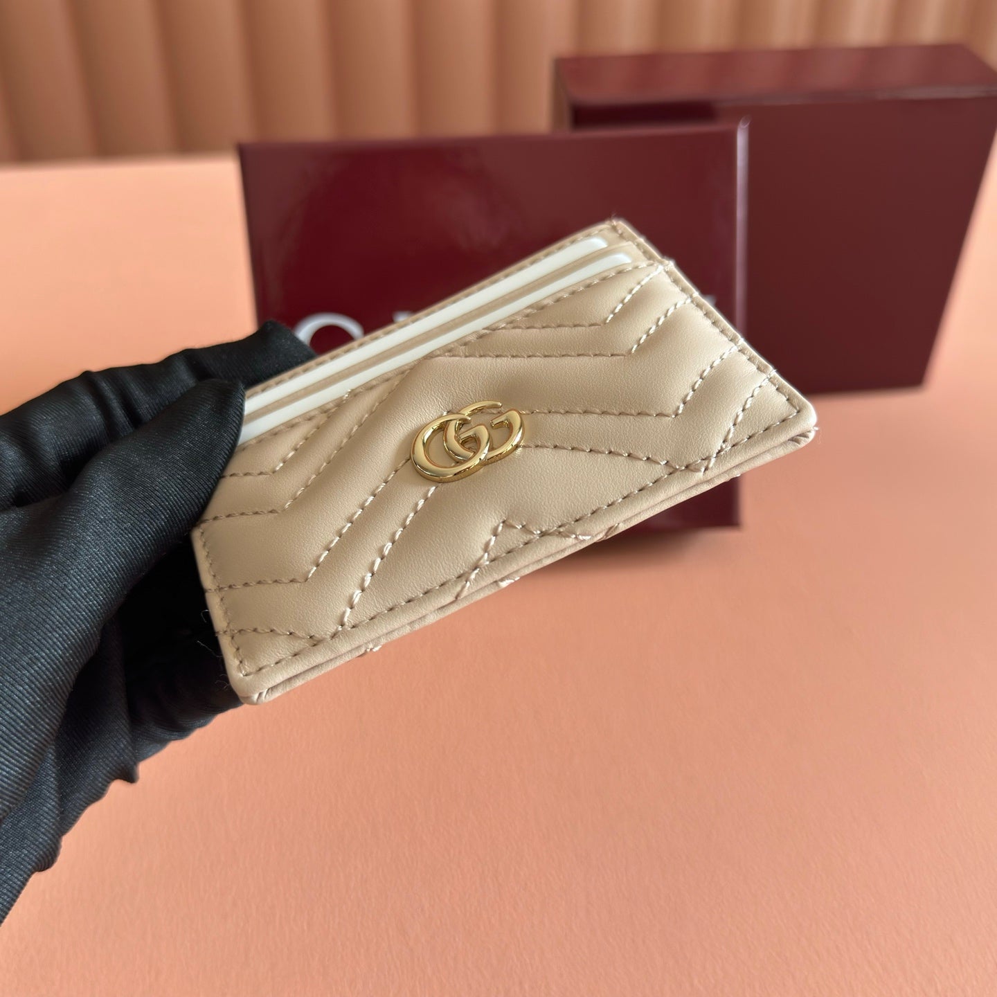 GG Marmont Card Holder Light Beige Matelassé Leather